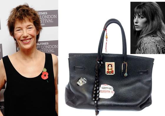 Jane Birkin recently in a Hermes desfilee holding her Birkin bag